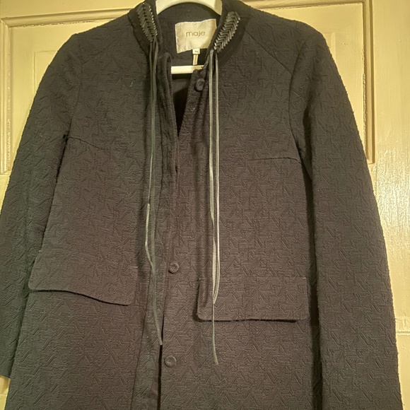 Maje Gretelle Leather Trimmed Jacquard Knit Black Coat Jacket size 36 - Picture 1 of 7